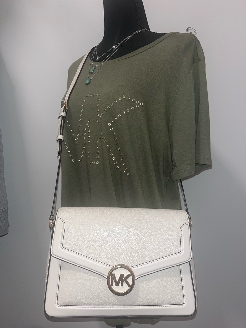 Michael Kors Jessie Cream Pebbled Leather MK Logo Crossbody Bag